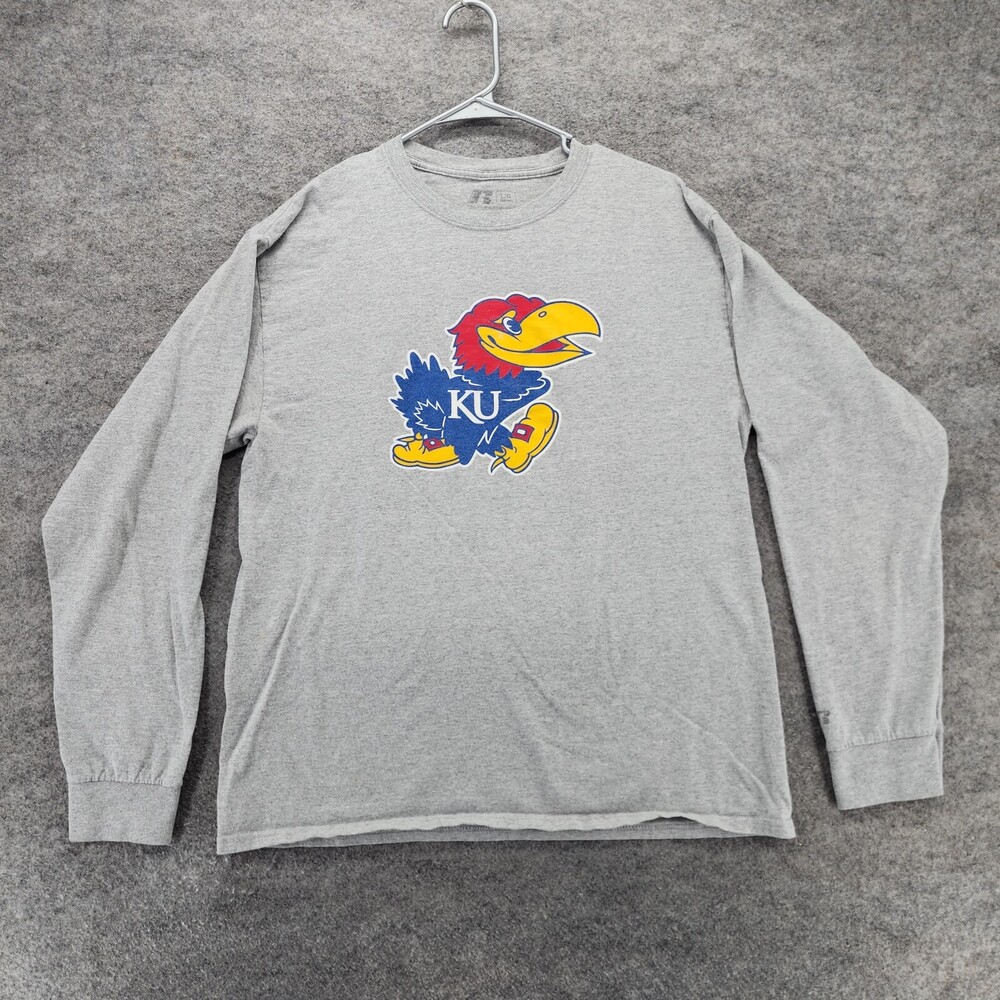 Kansas Jayhawks Shirt Mens Large 42-44 Long Sleeve Gray Russell Athletic